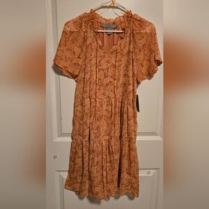 Lark +Grey Orange Tiered Mini Midi Dress with Flutter Sleeves